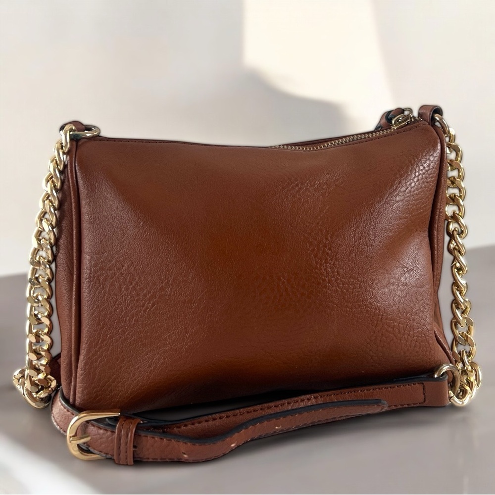 BP Cognac Brown Vegan Leather & Gold Accent Chainlink Crossbody Shoulder Bag